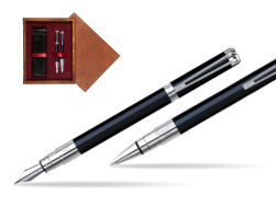 Zestaw prezentowy pióro wieczne + długopis Waterman Perspective Czarny CT w pudełku drewnianym Mahoń Double Bordo