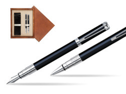 Zestaw prezentowy pióro wieczne + długopis Waterman Perspective Czarny CT w pudełku drewnianym Mahoń Double Ecru