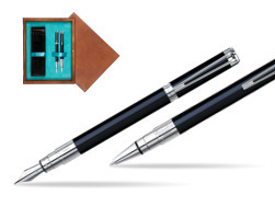 Zestaw prezentowy pióro wieczne + długopis Waterman Perspective Czarny CT w pudełku drewnianym Mahoń Double Turkus