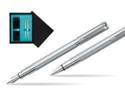 Zestaw prezentowy pióro wieczne + długopis Waterman Perspective Srebrny CT w pudełku drewnianym Czerń Double Turkus
