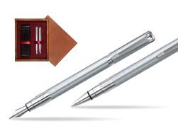 Zestaw prezentowy pióro wieczne + długopis Waterman Perspective Srebrny CT w pudełku drewnianym Mahoń Double Bordo