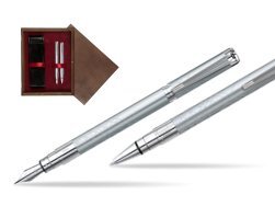 Zestaw prezentowy pióro wieczne + długopis Waterman Perspective Srebrny CT w pudełku drewnianym Wenge Double Bordo