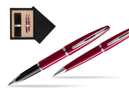Zestaw prezentowy pióro wieczne + długopis Waterman Carène Lśniąca Czerwień CT w pudełku drewnianym Czerń Double Ecru