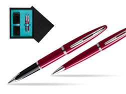 Zestaw prezentowy pióro wieczne + długopis Waterman Carène Lśniąca Czerwień CT w pudełku drewnianym Czerń Double Turkus