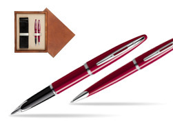 Zestaw prezentowy pióro wieczne + długopis Waterman Carène Lśniąca Czerwień CT w pudełku drewnianym Mahoń Double Ecru