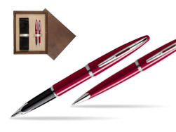 Zestaw prezentowy pióro wieczne + długopis Waterman Carène Lśniąca Czerwień CT w pudełku drewnianym Wenge Double Ecru