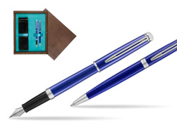 Zestaw prezentowy pióro wieczne + długopis Waterman Hémisphère 2018 Bright Blue CT w pudełku drewnianym Wenge Double Turkus