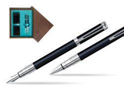 Zestaw prezentowy pióro wieczne + długopis Waterman Perspective Czarny CT w pudełku drewnianym Wenge Double Turkus