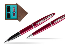 Zestaw prezentowy pióro wieczne + długopis Waterman Carène Lśniąca Czerwień CT w pudełku drewnianym Wenge Double Turkus