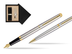 Zestaw prezentowy pióro wieczne + długopis Waterman Hémisphère Stalowa GT w pudełku drewnianym Czerń Double Ecru