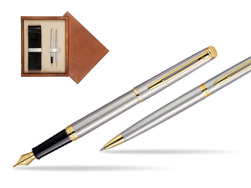 Zestaw prezentowy pióro wieczne + długopis Waterman Hémisphère Stalowa GT w pudełku drewnianym Mahoń Double Ecru