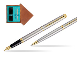 Zestaw prezentowy pióro wieczne + długopis Waterman Hémisphère Stalowa GT w pudełku drewnianym Mahoń Double Turkus
