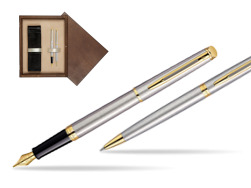 Zestaw prezentowy pióro wieczne + długopis Waterman Hémisphère Stalowa GT w pudełku drewnianym Wenge Double Ecru
