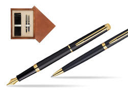 Zestaw prezentowy pióro wieczne + długopis Waterman Hémisphère Czerń Matowa GT w pudełku drewnianym Mahoń Double Ecru